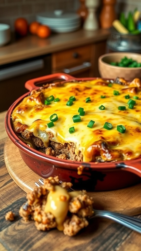 Cheesy burger casserole with melted cheese and green onions, served in a rustic dish.